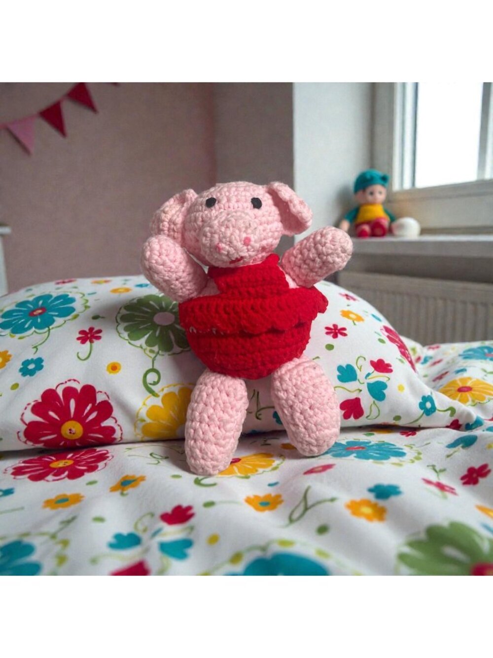 Handmade Crochet Pig Plush Amigurumi Stuffed Animal Pink Red Dress
